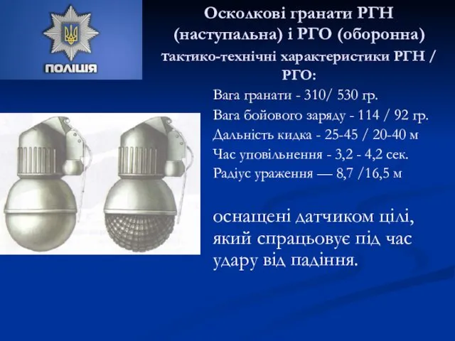 Осколкові гранати РГН (наступальна) і РГО (оборонна) тактико-технічні характеристики РГН