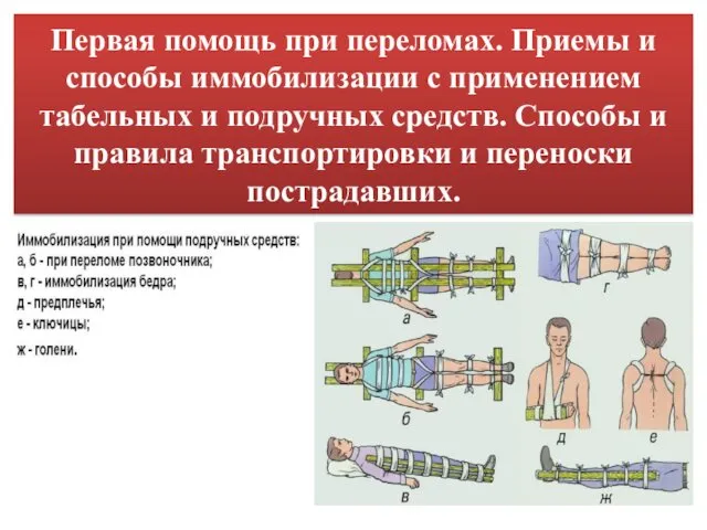 Первая помощь при переломах. Приемы и способы иммобилизации с применением