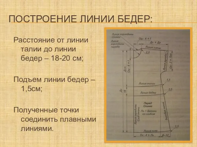 ПОСТРОЕНИЕ ЛИНИИ БЕДЕР: Расстояние от линии талии до линии бедер