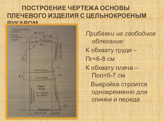 ПОСТРОЕНИЕ ЧЕРТЕЖА ОСНОВЫ ПЛЕЧЕВОГО ИЗДЕЛИЯ С ЦЕЛЬНОКРОЕНЫМ РУКАВОМ Прибавки на