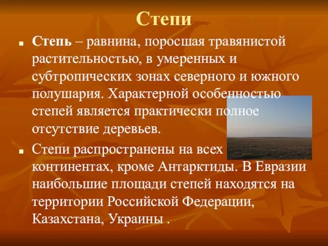 Степи Степь – равнина, поросшая травянистой растительностью, в умеренных и