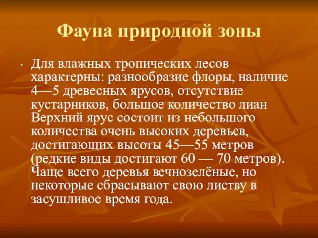 Фауна природной зоны Для влажных тропических лесов характерны: разнообразие флоры,