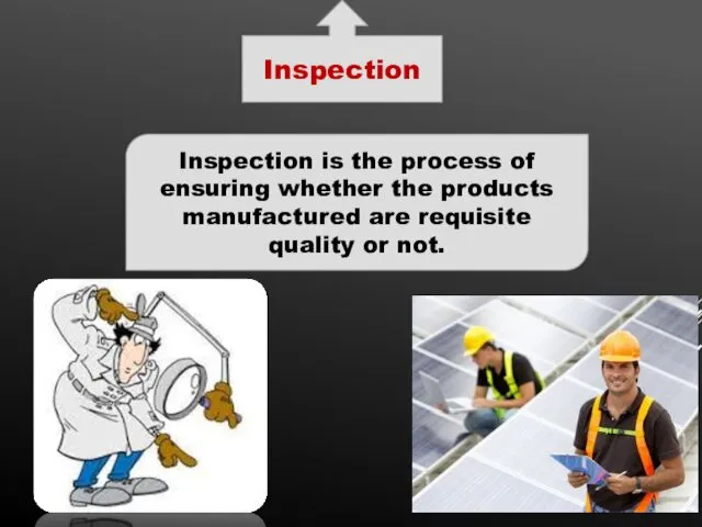 Inspection Inspection is the process of ensuring whether the products manufactured are requisite quality or not.