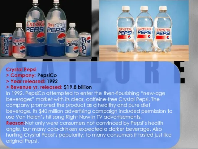 Crystal Pepsi > Company: PepsiCo > Year released: 1992 > Revenue yr. released: