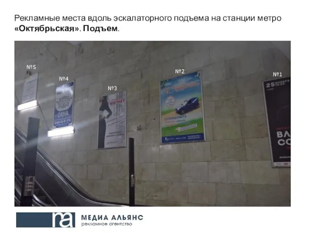 №1 №2 №3 №4 №5 Рекламные места вдоль эскалаторного подъема на станции метро «Октябрьская». Подъем.