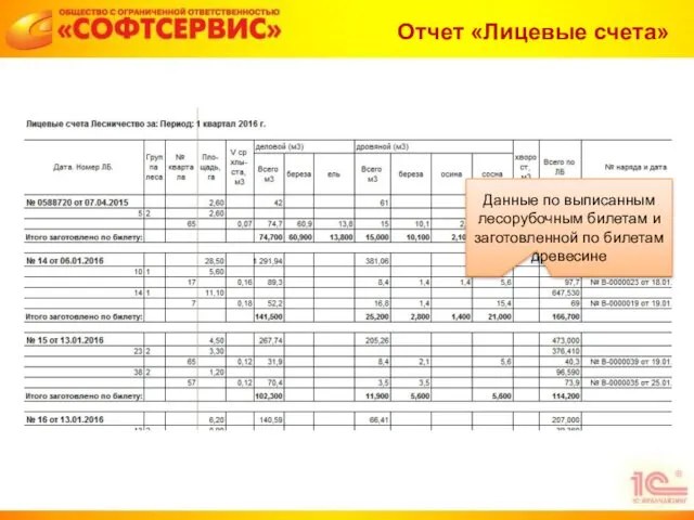 Данные по выписанным лесорубочным билетам и заготовленной по билетам древесине Отчет «Лицевые счета»