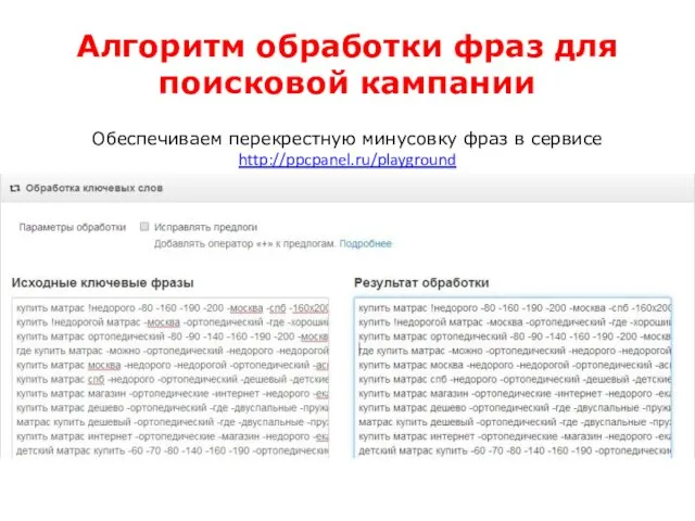 Алгоритм обработки фраз для поисковой кампании Обеспечиваем перекрестную минусовку фраз в сервисе http://ppcpanel.ru/playground