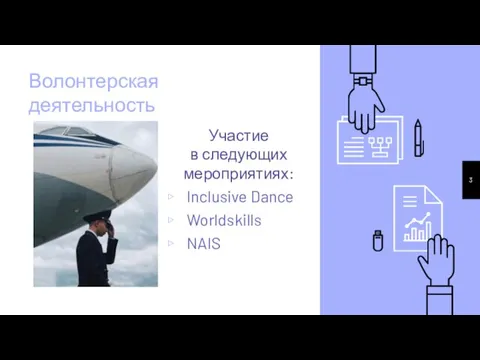 Волонтерская деятельность Участие в следующих мероприятиях: Inclusive Dance Worldskills NAIS