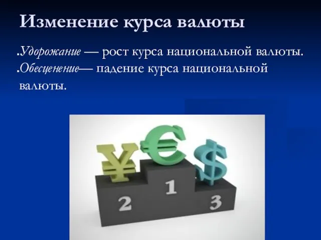 Изменение курса валюты Удорожание — рост курса национальной валюты. Обесценение— падение курса национальной валюты.