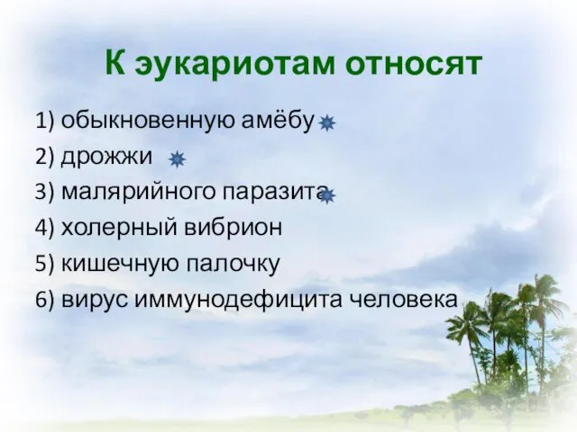 1) обыкновенную амёбу 2) дрожжи 3) малярийного паразита 4) холерный