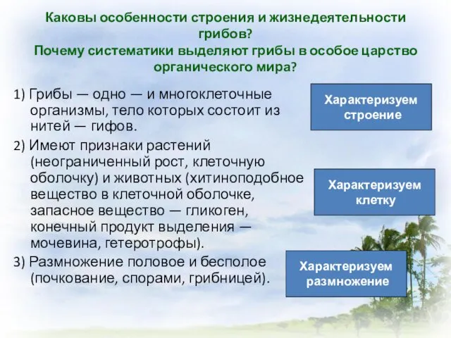 Каковы особенности строения и жизнедеятельности грибов? Почему систематики выделяют грибы