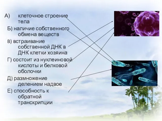 клеточное строение тела Б) наличие собственного обмена веществ B) встраивание