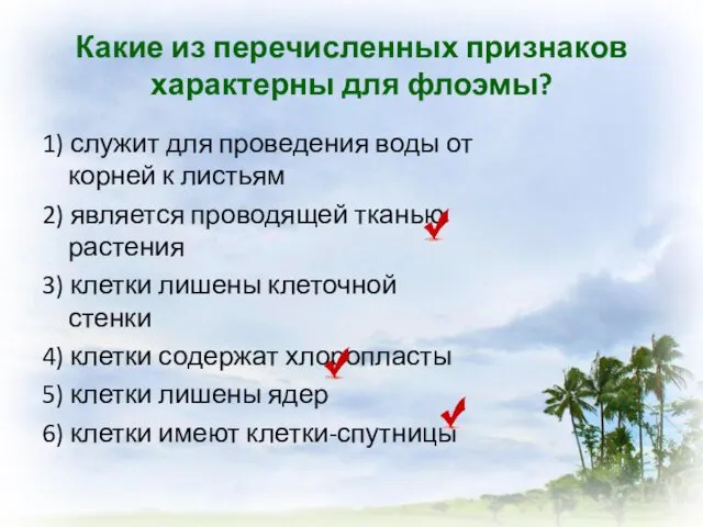 Какие из перечисленных признаков характерны для флоэмы? 1) служит для