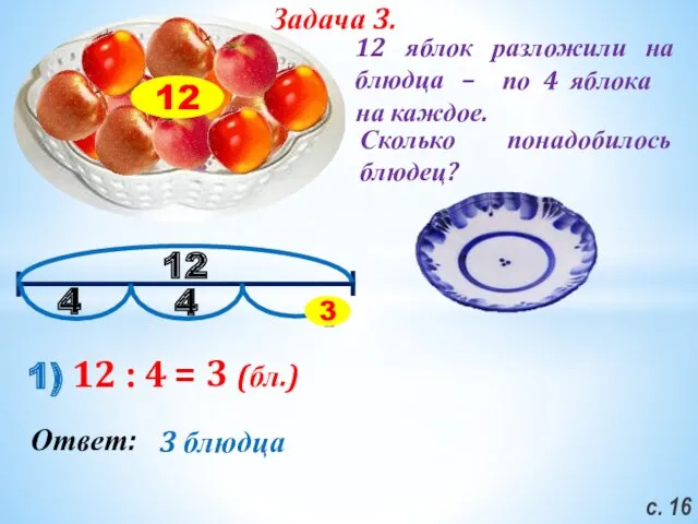 12 яблок разложили на блюдца – по 4 яблока на