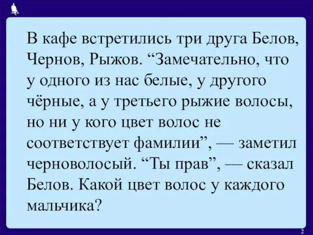 В кафе встретились три друга Белов, Чернов, Рыжов. “Замечательно, что