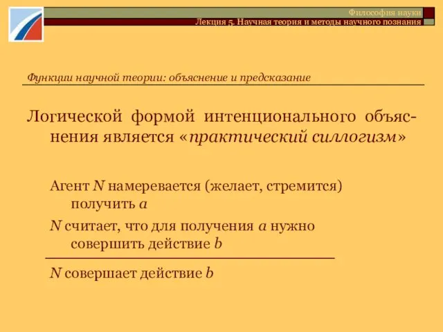 Логической формой интенционального объяс-нения является «практический силлогизм» Агент N намеревается