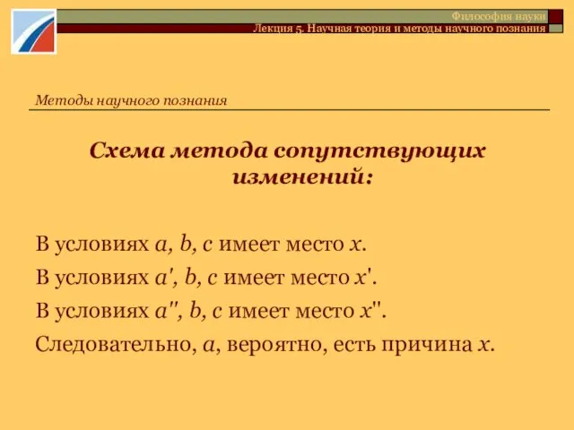 Схема метода сопутствующих изменений: В условиях а, b, с имеет