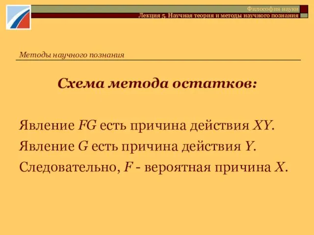 Схема метода остатков: Явление FG есть причина действия XY. Явление