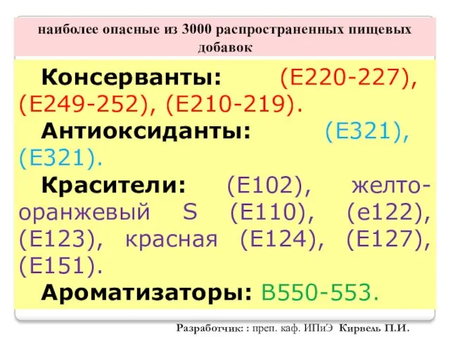 наиболее опасные из 3000 распространенных пищевых добавок Консерванты: (Е220-227), (Е249-252), (Е210-219). Антиоксиданты: (Е321),