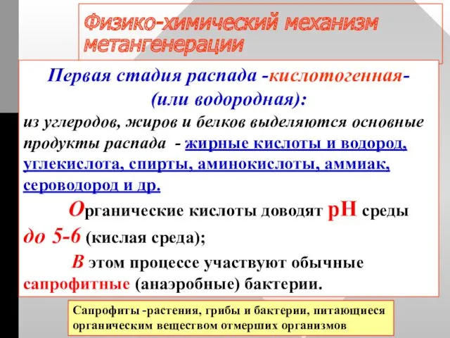 Физико-химический механизм метангенерации Первая стадия распада -кислотогенная- (или водородная): из