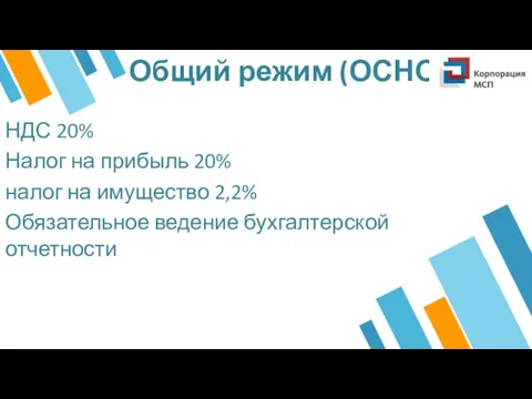 Общий режим (ОСНО) НДС 20% Налог на прибыль 20% налог