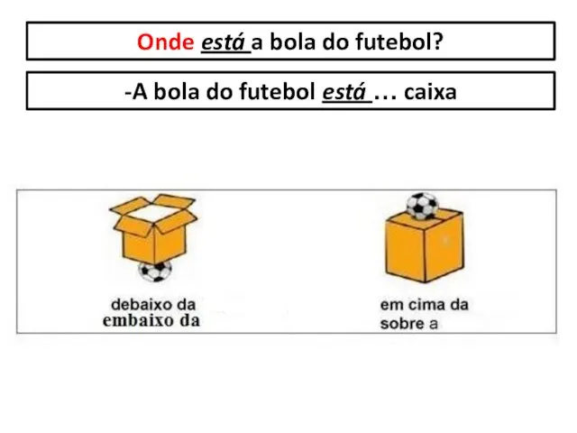 Onde está a bola do futebol? -A bola do futebol está … caixa