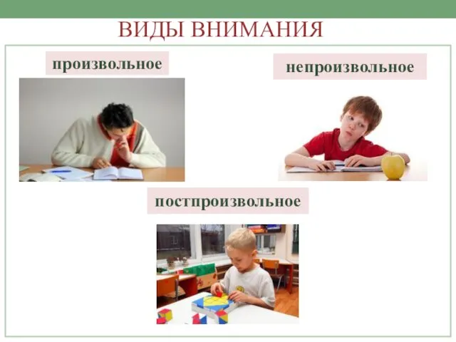 произвольное непроизвольное постпроизвольное ВИДЫ ВНИМАНИЯ