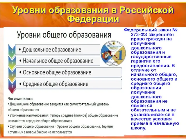 Уровни образования в Российской Федерации Федеральный закон № 273-ФЗ закрепляет право граждан на