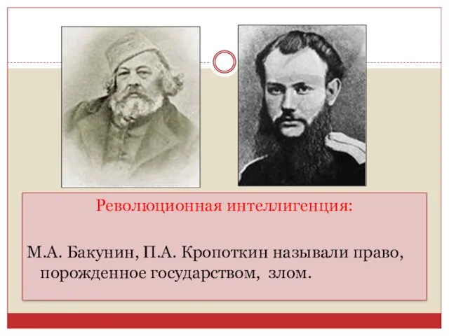 Революционная интеллигенция: М.А. Бакунин, П.А. Кропоткин называли право, порожденное государством, злом.