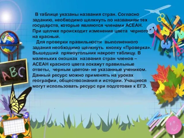 В таблице указаны названия стран. Согласно заданию, необходимо щелкнуть по