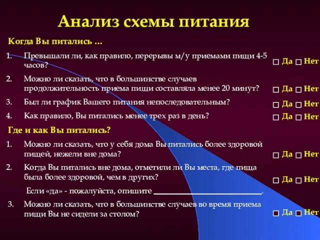 Анализ схемы питания Когда Вы питались … Превышали ли, как