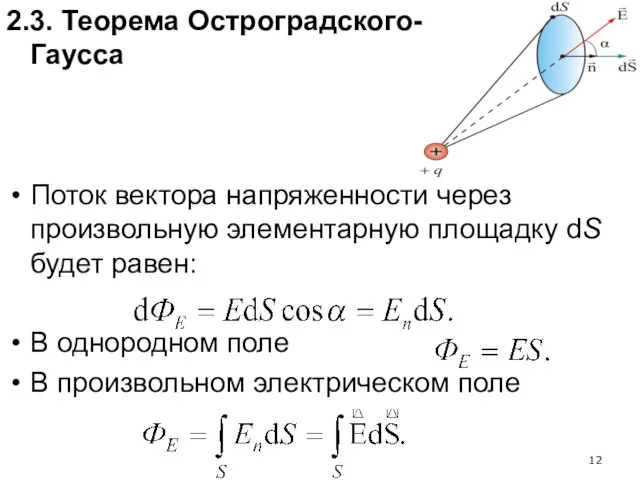 Поток вектора напряженности через произвольную элементарную площадку dS будет равен: В однородном поле