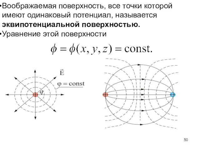 Воображаемая поверхность, все точки которой имеют одинаковый потенциал, называется эквипотенциальной поверхностью. Уравнение этой поверхности