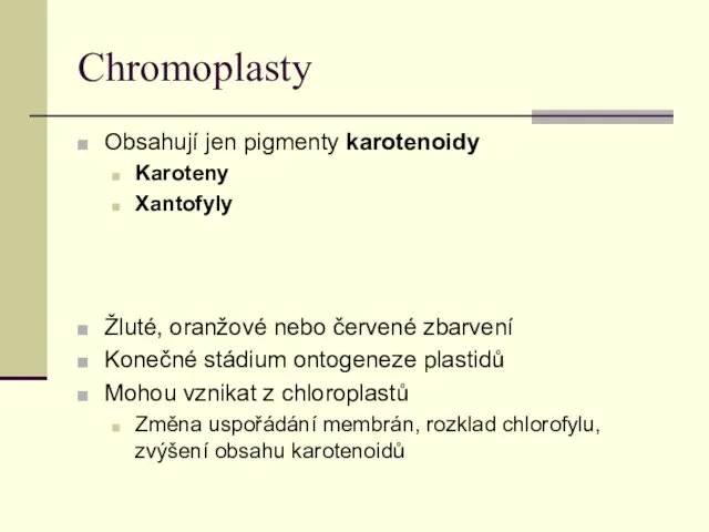 Chromoplasty Obsahují jen pigmenty karotenoidy Karoteny Xantofyly Žluté, oranžové nebo