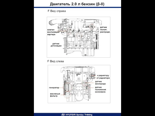 Двигатель 2.0 л бензин (β-II) F Вид справа F Вид слева