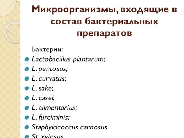 Микроорганизмы, входящие в состав бактериальных препаратов Бактерии: Lactobacillus plantarum; L.