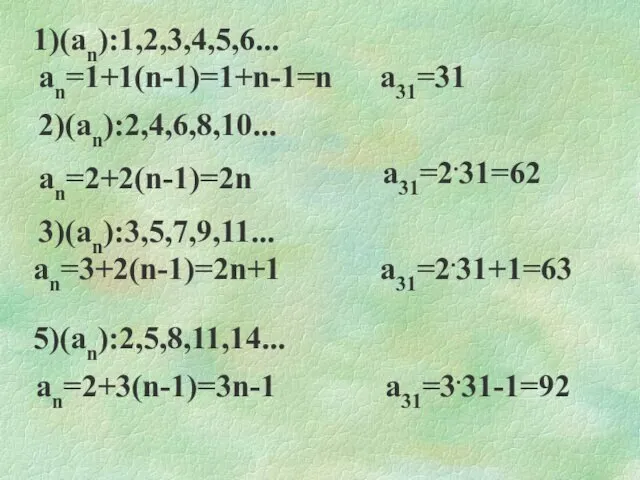 1)(an):1,2,3,4,5,6... an=1+1(n-1)=1+n-1=n a31=31 2)(an):2,4,6,8,10... an=2+2(n-1)=2n a31=2.31=62 3)(an):3,5,7,9,11... an=3+2(n-1)=2n+1 a31=2.31+1=63 5)(an):2,5,8,11,14... an=2+3(n-1)=3n-1 a31=3.31-1=92