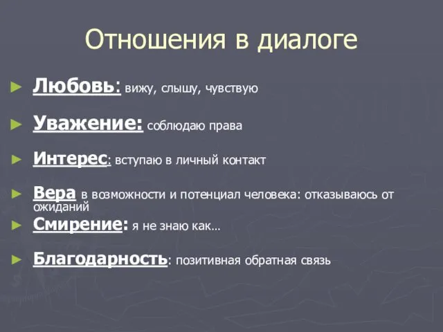 Отношения в диалоге Любовь: вижу, слышу, чувствую Уважение: соблюдаю права