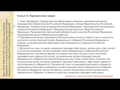 Статья 13. Парламентский запрос 1. Совет Федерации, Государственная Дума вправе