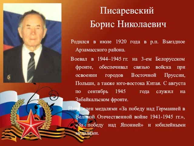 Писаревский Борис Николаевич Родился в июле 1920 года в р.п.