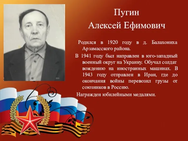 Пугин Алексей Ефимович Родился в 1920 году в д. Балахониха