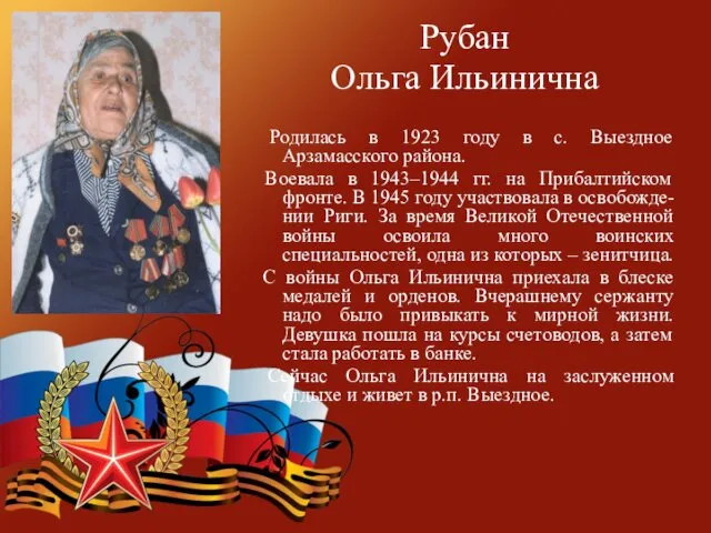 Рубан Ольга Ильинична Родилась в 1923 году в с. Выездное