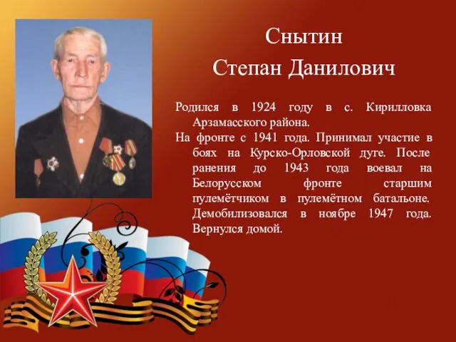 Снытин Степан Данилович Родился в 1924 году в с. Кирилловка