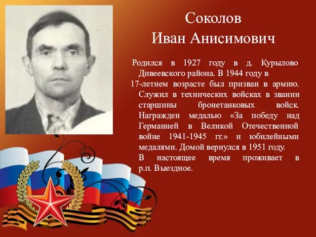 Соколов Иван Анисимович Родился в 1927 году в д. Курылово