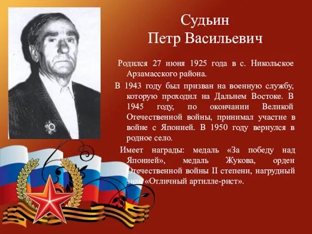 Судьин Петр Васильевич Родился 27 июня 1925 года в с.