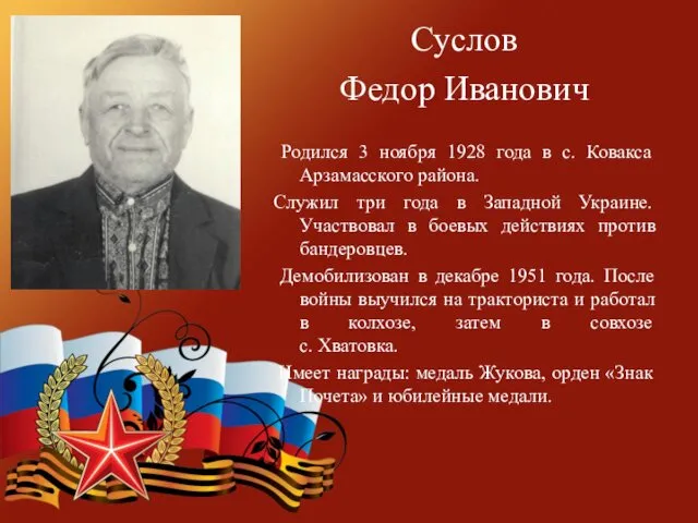 Суслов Федор Иванович Родился 3 ноября 1928 года в с.