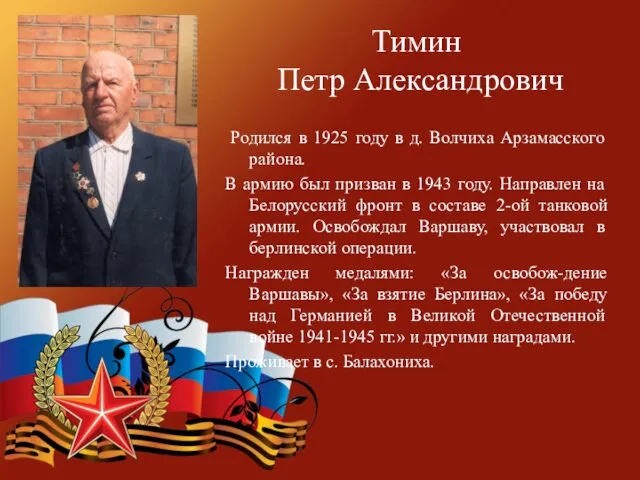 Тимин Петр Александрович Родился в 1925 году в д. Волчиха