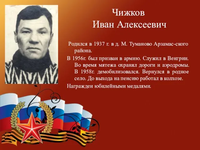 Чижков Иван Алексеевич Родился в 1937 г. в д. М.