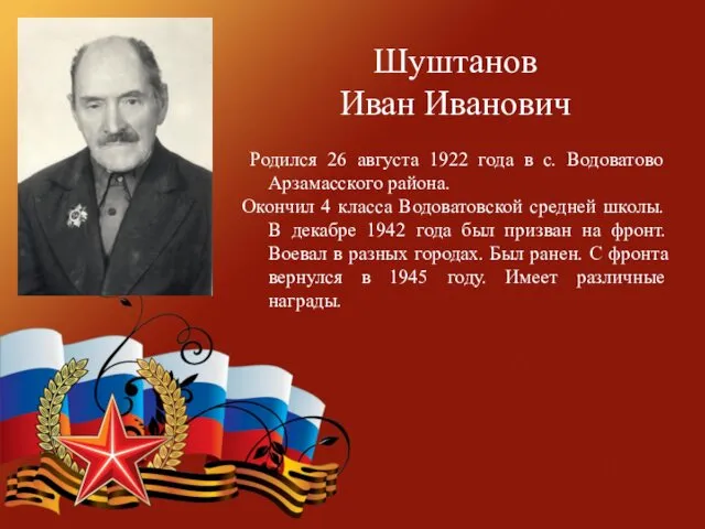 Шуштанов Иван Иванович Родился 26 августа 1922 года в с.