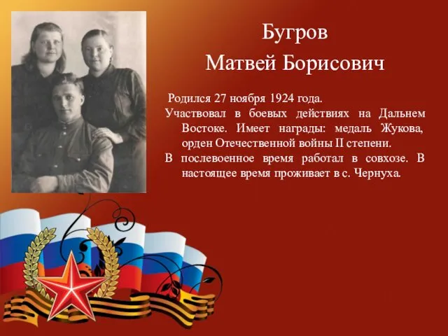 Бугров Матвей Борисович Родился 27 ноября 1924 года. Участвовал в